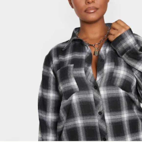 PrettyLittleThing Black and White Checked Oversized Shirt Dress Tunic Medium - Picture 4 of 13